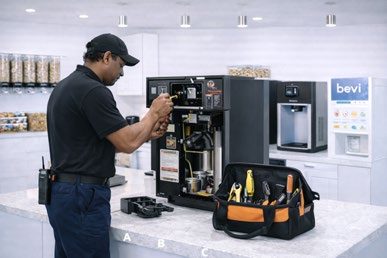 An Apex technician servicing a bean-to-cup coffee machine with a tool bag open.
