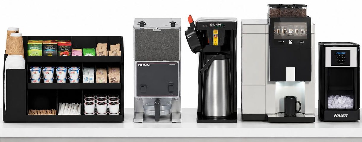 Left to right: coffee and condiment organizer, fresh bean grinder, airpot brewer, dual-bean espresso machine, and tabletop ice machine.