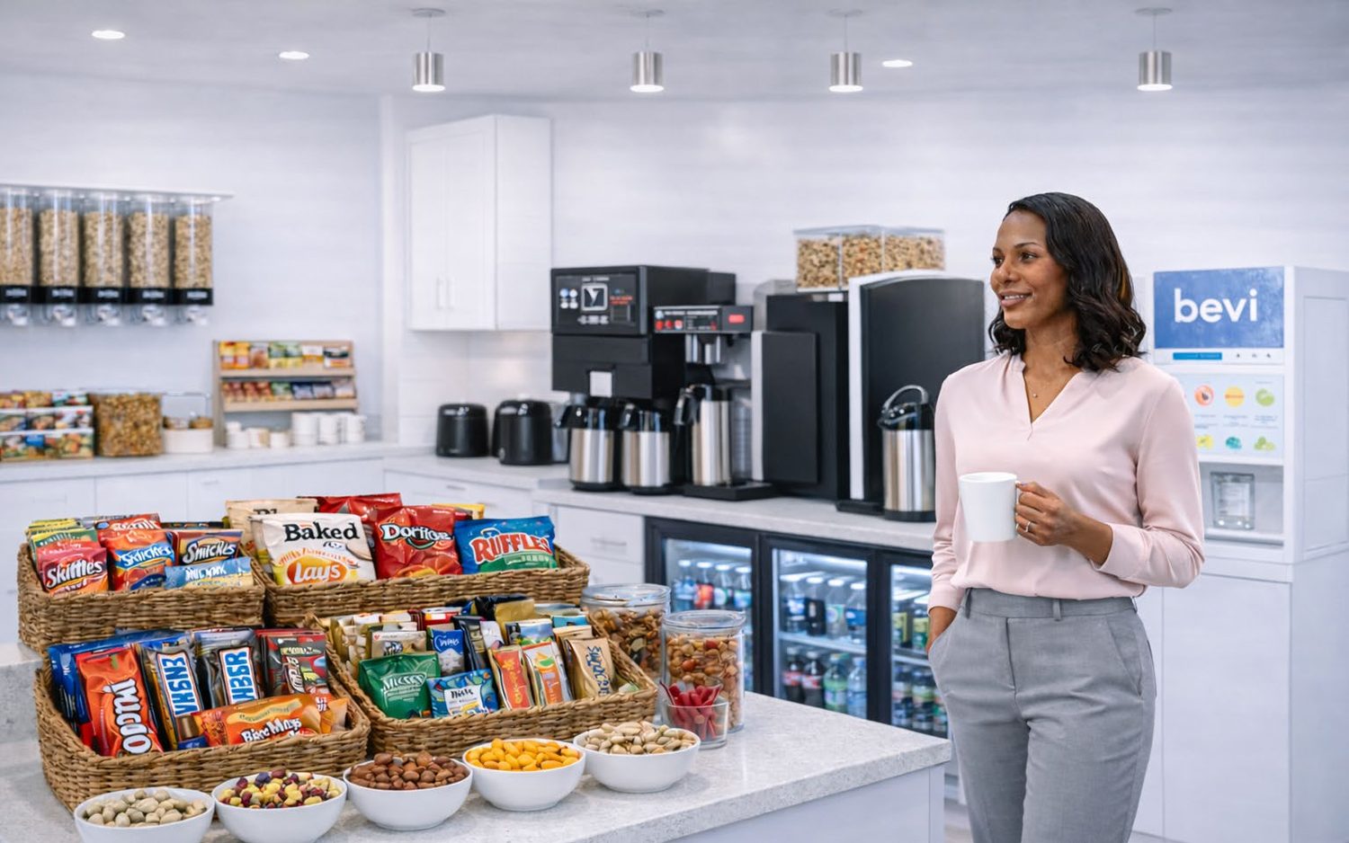 A merchandised office pantry with snack baskets, bulk dispensers, coffee brewers, a glass-door cooler and a Bevi hydration unit.