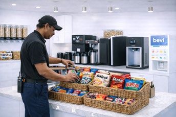 An Apex associate restocking snack baskets in an office pantry.
