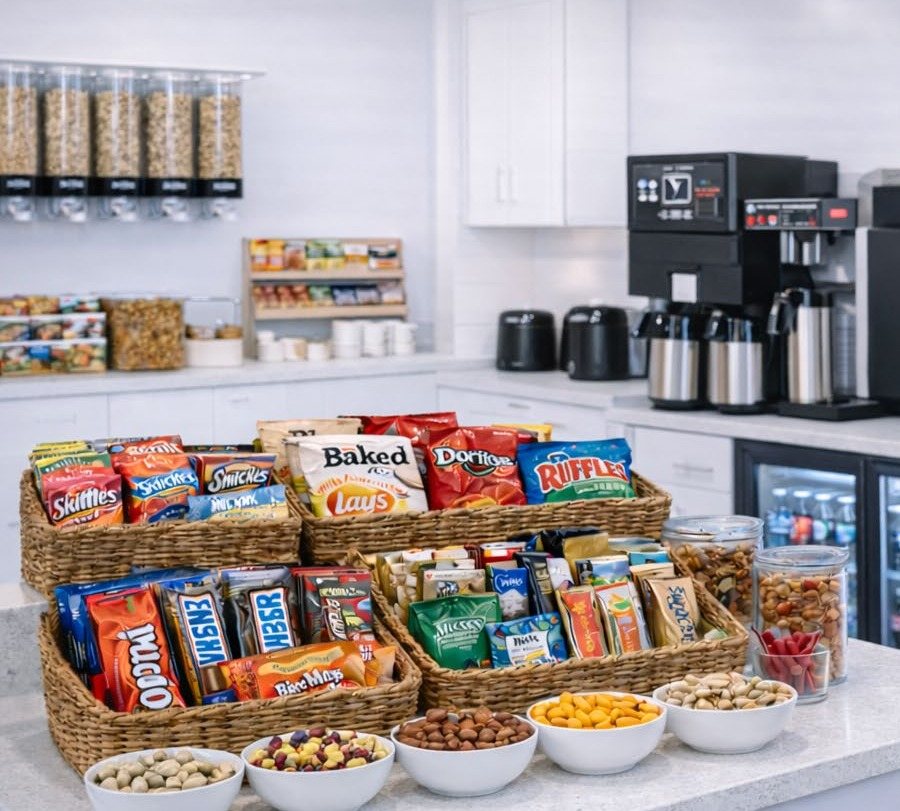 Wicker snack baskets and candy bowls on a pantry counter, with bulk dispensers and a cooler behind.