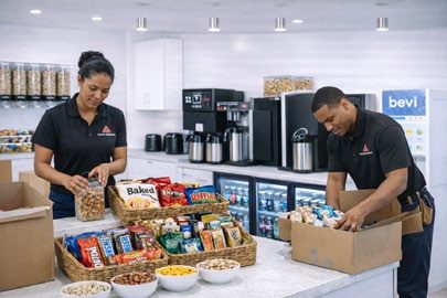 Two Apex associates unpacking product into an office pantry.